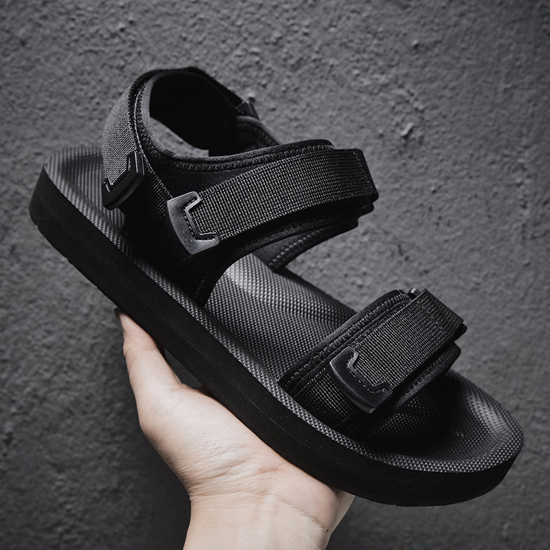 Men'S Shoes With Velcro - รองเท้าแตะแบบปรับได้สำหรับเท้ากว้าง สายรัดแบบตะขอและห่วง รองเท้าลำลองผู้ชายสำหรับฤดูร้อน หัวเข็มขัดคู่ ระบายอากาศได้ดี สีดำล้วน