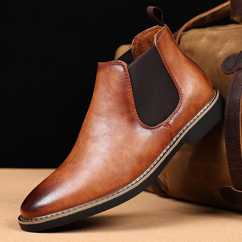 Men Shoes Xxl - รองเท้าบูทเชลซีสไตล์อังกฤษสำหรับผู้ชาย สีน้ำตาลแบบเรโทร หัวแหลม รองเท้าบูทหุ้มข้อ รองเท้าหนังหุ้มข้อสูงสำหรับผู้ชาย รองเท้าแบบสวมไม่มีเชือก