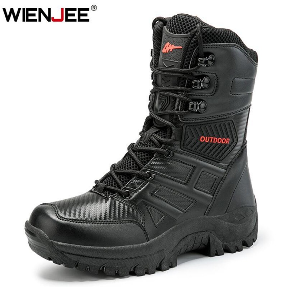 Men Shoes Brand - รองเท้าบูทหนังหุ้มข้อสูงคุณภาพสูงสำหรับผู้ชาย ระบายอากาศได้ดี เหมาะสำหรับการเดินป่า รองเท้าบูทแบบทหาร รองเท้ากลางแจ้ง กันลื่น