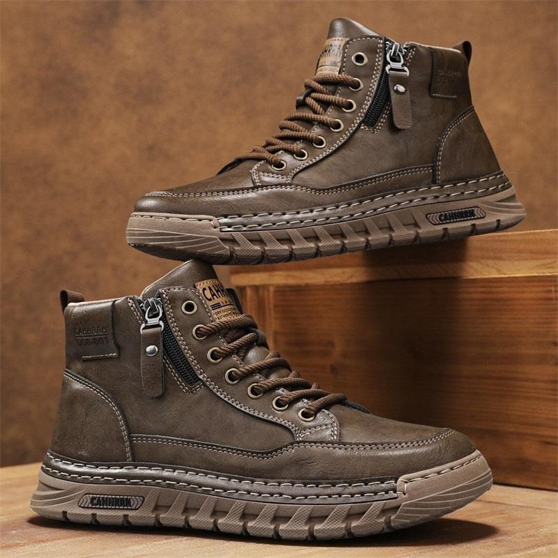 Men'S Shoes Dq - รองเท้าบูทหุ้มข้อหนังผู้ชาย รองเท้าบูทขี่มอเตอร์ไซค์สำหรับฤดูใบไม้ผลิและฤดูหนาว กันลื่น สวมใส่สบาย เหมาะสำหรับกิจกรรมกลางแจ้ง เดินป่า