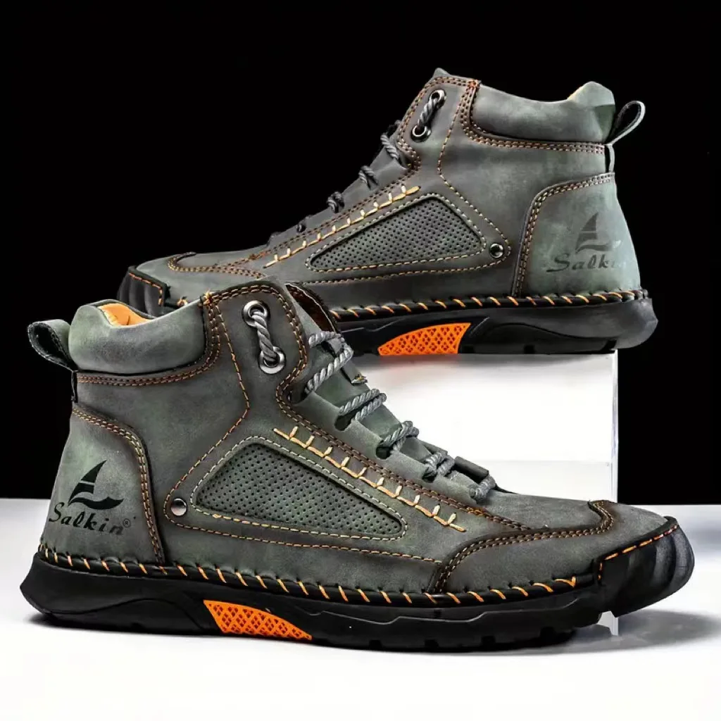 Men'S Shoes Dq - รองเท้าบูทผู้ชายเย็บมือ ไซส์ใหญ่ รองเท้าลำลอง สวมใส่สบาย รองเท้าบูทข้อเท้าแบบนุ่ม รองเท้าบูทกันลื่นสำหรับกิจกรรมกลางแจ้ง