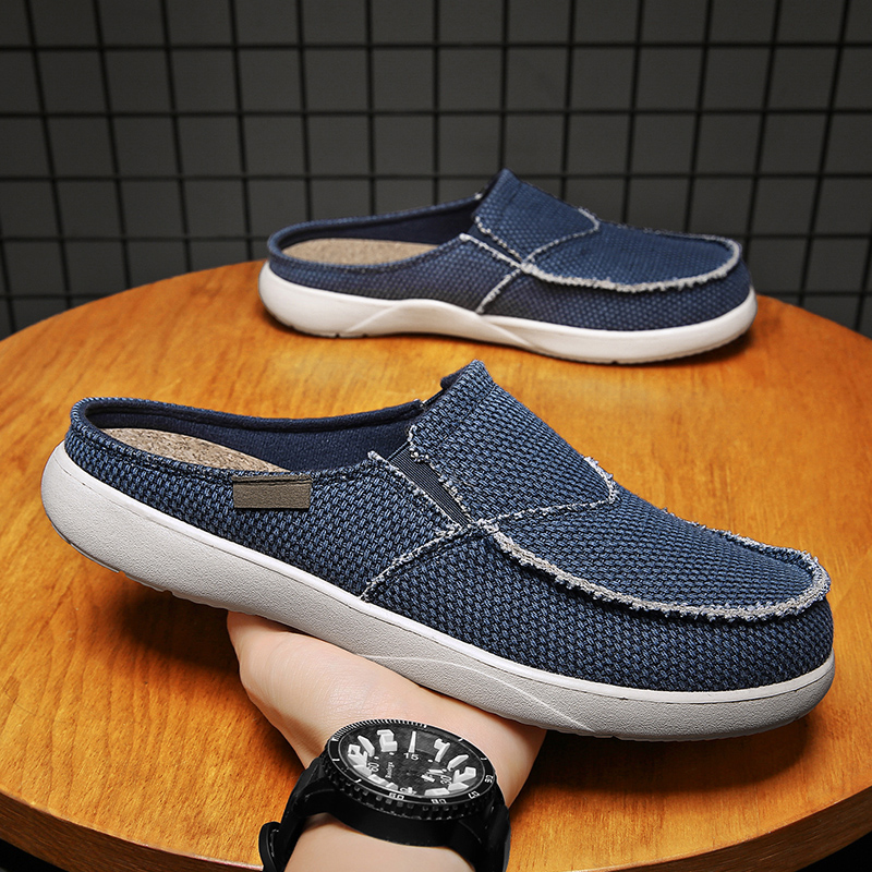 Men Shoes Xxl - รองเท้าผ้าใบแบบสวมครึ่งเท้าสำหรับผู้ชาย รองเท้าแตะลำลอง สวมใส่ในบ้าน ฤดูร้อน ระบายอากาศได้ดี น้ำหนักเบา