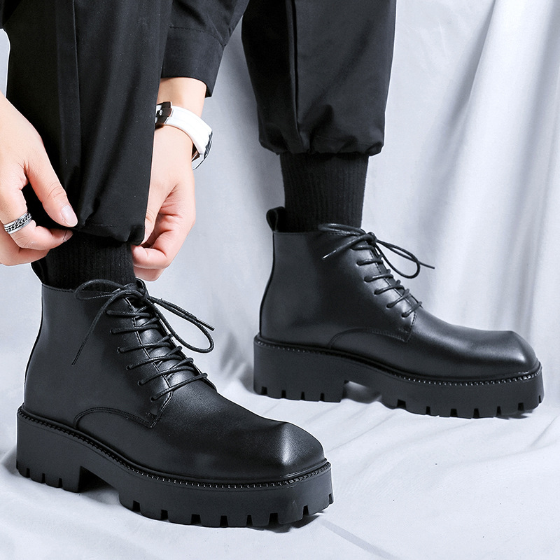 Men Shoes Brand - รองเท้าบูทหนังแท้ทรงคาวบอยหุ้มข้อ ดีไซน์หรูหรา แบรนด์ดีไซเนอร์ แบบผูกเชือก หัวแหลม พื้นหนา