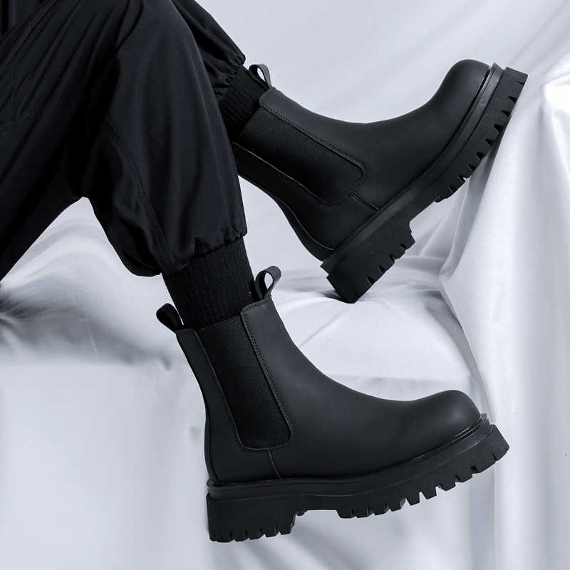Men Shoes Brand - รองเท้าบูทหุ้มข้อสูงสีดำรุ่นปี 2026 สำหรับผู้ชาย ส้นสูง หนังแท้ รองเท้าเชลซีข้อสั้น