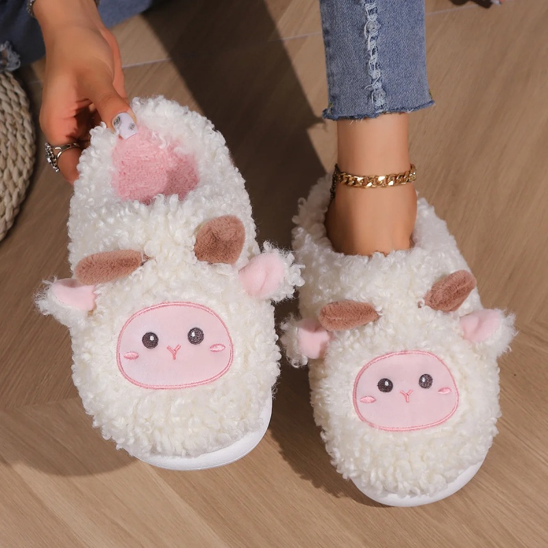 Men'S Shoes In Fashion - รองเท้าแตะรูปแกะน้อยน่ารักสำหรับฤดูหนาว เหมาะสำหรับผู้หญิงและผู้ชาย รองเท้าแตะขนแกะนุ่มสบายสำหรับใส่ในบ้าน รองเท้าแตะคู่รักแฟชั่น ปักลายสวยงาม รองเท้าแตะผ้าฝ้ายนุ่ม